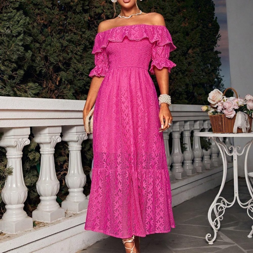 Pink Boho Womens Off Shoulder Ruffle Trim Lace Dress - Picture 5 of 5